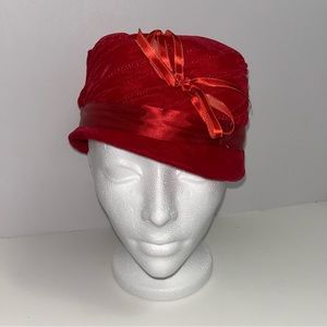 VINTAGE red velour hat with bow and ribbon wedding church high tea hat